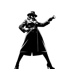 Fototapeta premium Silhouette of a mysterious woman detective in trench coat.