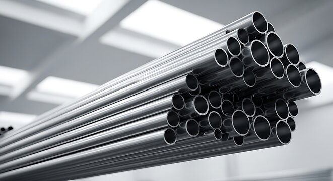 stack of metal pipes in industrial setting. rury stalowe