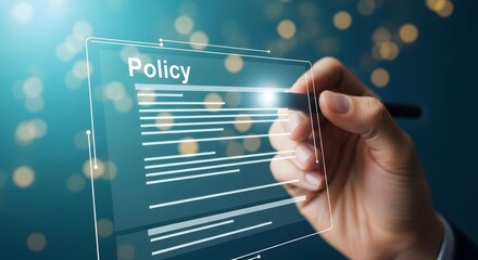 Obraz premium Policy implementation compliance hand writing on digital policy document