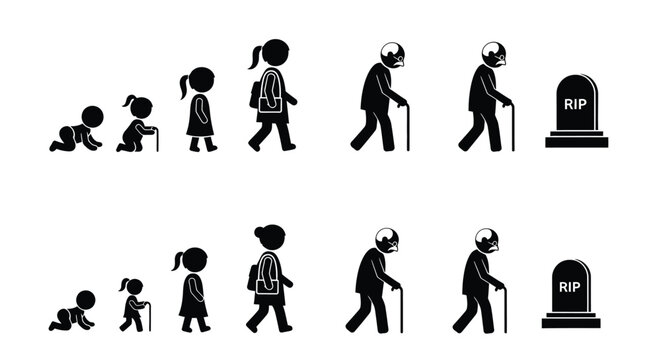 A visual depiction of the human life cycle from infancy to death shown in silhouette