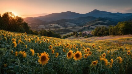 Obraz premium Sunflower Field at Sunset in a Mountain Landscape with Warm Colors