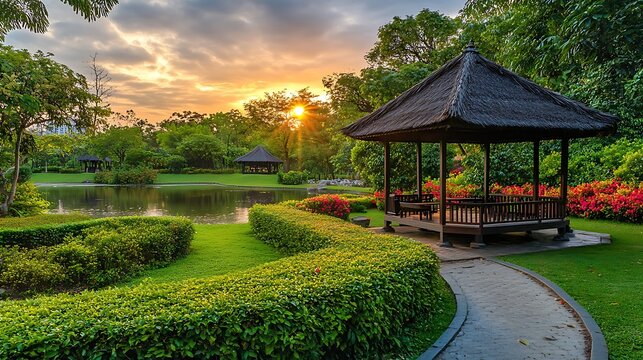 Charming garden gazebo beside a placid pond during a beautiful sunset