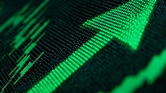 Green arrow pointing upward on digital financial graph. Business growth chart with rising trend line. Stock market data visualization for investment analysis.