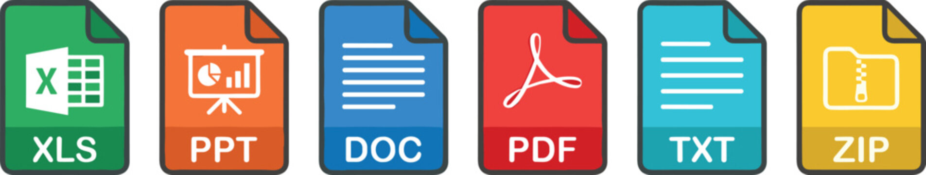 Document file format icon set, professional office file extension symbols including pdf doc xls ppt and zip, digital document type graphics on transparent background