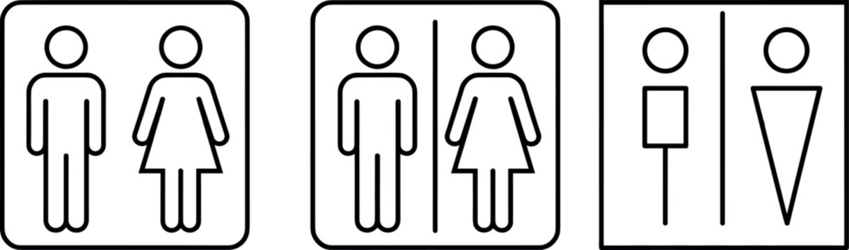 Toilet and restroom sign set, male and female wc icons, bathroom door symbols in outline style, washroom navigation pictograms on transparent background