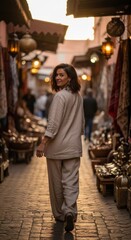 Obraz premium Woman walks through a vibrant market street with stalls and people.