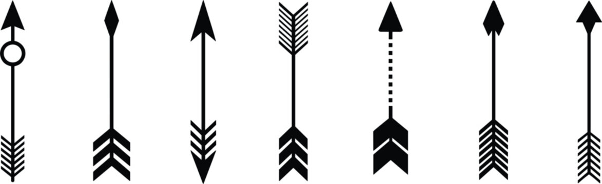Tribal arrow silhouette vector set, black ethnic archer elements for boho design, hunting and adventure