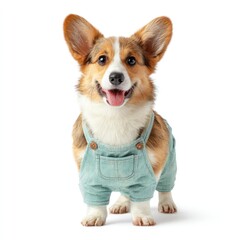 Fototapeta premium Corgi wearing cute denim overalls.