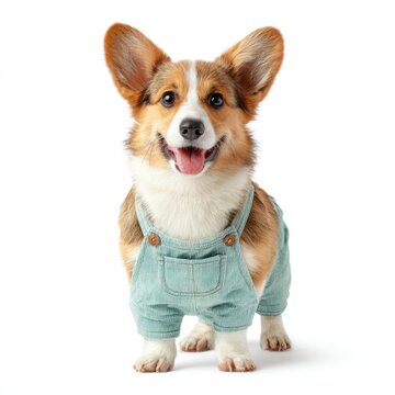Corgi wearing cute denim overalls.