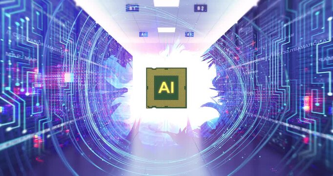 Complex neural network with central AI chip processor. AI Technology Related 3D Computer Animation.