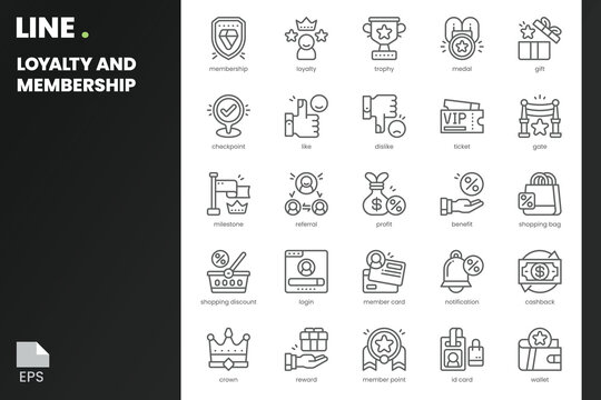 Loyalty and Membership Icon pack for your website, mobile, presentation, and logo design. Loyalty and Membership Icon outline design. Vector graphics illustration and editable stroke.