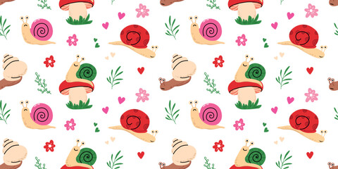 Cute snail seamless pattern with colorful cartoon snails flowers hearts leaves and mushrooms playful nature background for kids design © Mariana