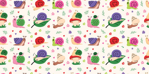 Cute snail seamless pattern with colorful cartoon snails flowers hearts leaves and mushrooms playful repeating background for kids design © Mariana