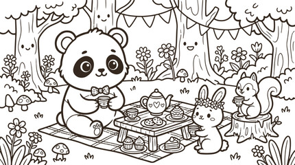 Cute panda and forest animals picnic tea party coloring page for kids © Akhi Ayra