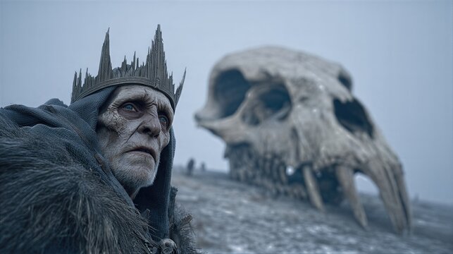 Withered elderly man in hooded robe and jagged metal crown stares with intense gaze. Dark fantasy warrior with massive horned skull in foggy snowy landscape. Epic horror mysticism and ancient evil
