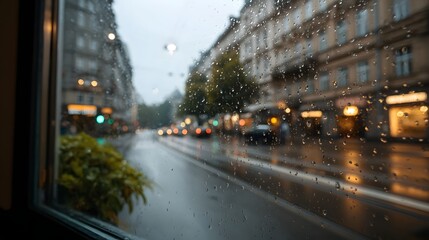 Fototapeta premium A moody view of a wet city streetscape seen through rain streaked glass capturing the ambient glow of passing lights