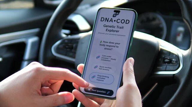User explores genetic traits through an interactive mobile questionnaire. Sequence shows answering lifestyle questions and receiving a Unique Mosaic Genome result. Perfect for biotech, digital health