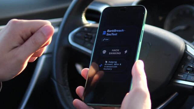Sequential close-up of a mobile banking breach simulation. User initiates a hack, dumps data, and gains access to a compromised account. Ideal for cybersecurity training, fintech security, and ethical