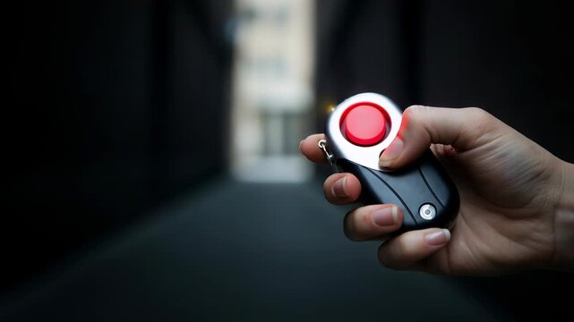 Woman holding personal safety alarm in dark alley. Girl activating emergency panic button for self defense. Protection device against crime and street assault.