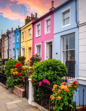 Row of vibrant, colorful townhouses with flowers, under a beautiful sunset sky