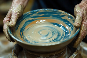 Fototapeta premium Potter Shaping a Clay Bowl on a Spinning Wheel in a Workshop