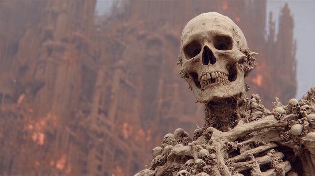 Skeleton skull figure with multiple bones in ancient ruins. Fiery apocalyptic landscape behind eerie skeletal form. Dark fantasy horror concept for halloween and dystopian themes