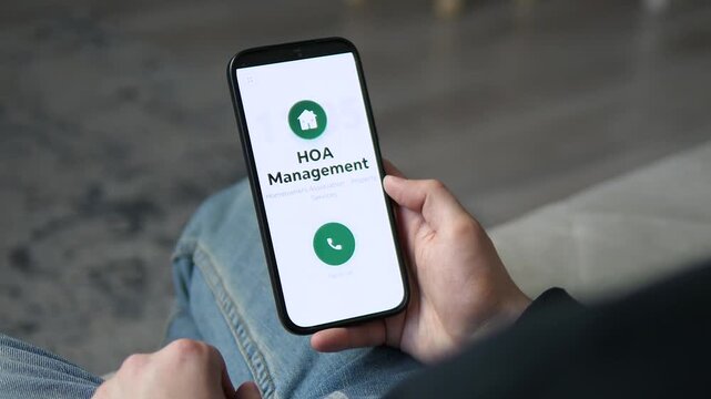 Modern HOA management app on a smartphone. A homeowner accesses property services with a tap to call. Perfect for real estate, housing market, and community service marketing. High-quality