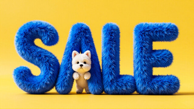 Fluffy Blue Letters Spell Out SALE with Adorable Dog