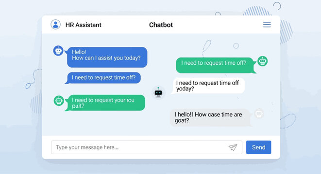 Illustration of a chatbot assisting with human resource requests in a messaging interface.