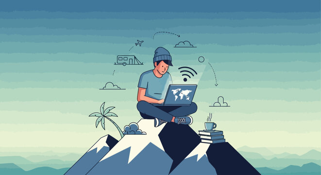 Young man using laptop on mountain peak with technology and communication icons.