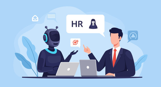 Artificial intelligence robot and businessman discussing human resources management.