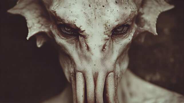 Tentacled horror creature with pale face and fierce eyes. Surreal eldritch monster close-up for fantasy horror illustrations and sci-fi storytelling concepts.