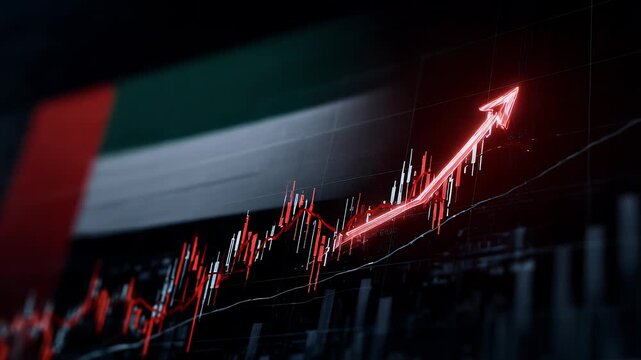 United arab emirates flag with a red up arrow and a financial chart showing an increase in prices, indicating the growth of the stock market and economic success.
