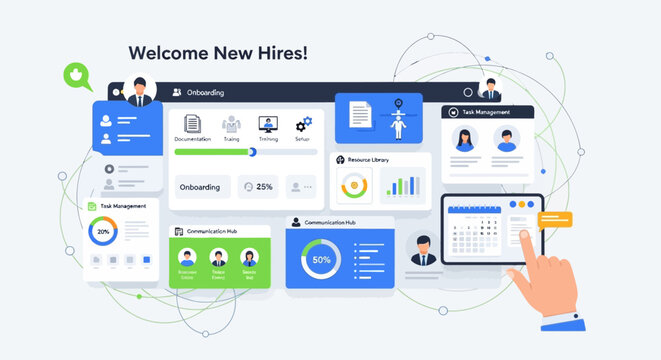 Illustration of a digital dashboard interface for managing new employee onboarding and HR analytics.