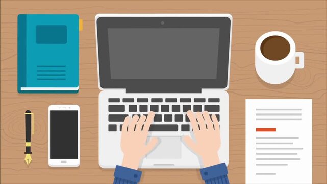 Flat Animation of Hands Typing on Laptop at Office Desk