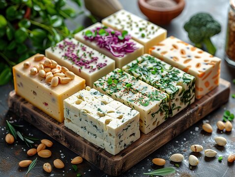 A selection of artisanal cheeses with herbs and nuts on a wooden board