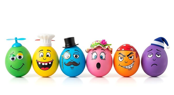 A row of colorful eggs with different cartoon faces and hats on a white background