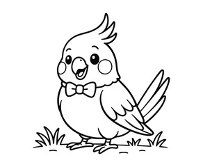 Fototapeta premium Cute cockatiel wearing bow tie, adorable cartoon bird standing on grass, pet animal.