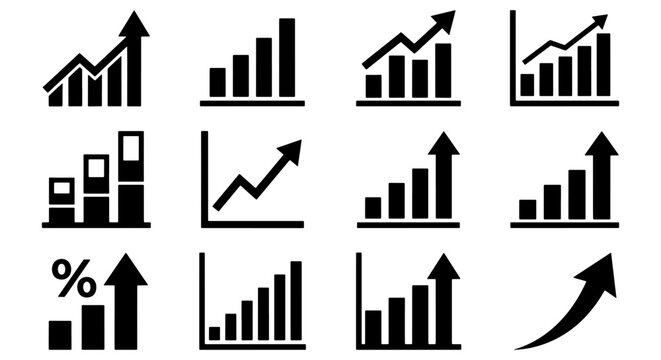 Business growth chart icons, black financial bar graph set, 12 vector data visualization elements, rising arrow profit symbols for corporate reports
