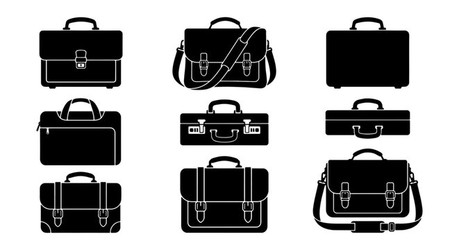 Professional briefcase icon set, black leather business bag silhouettes, collection of 9 office messenger bags and laptop cases for work