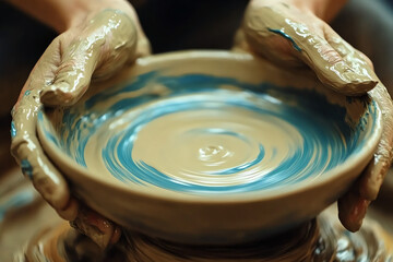 Fototapeta premium Potter Shaping a Clay Bowl on a Spinning Wheel in a Workshop