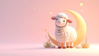 Obraz premium Cute Sheep Standing on Crescent Moon in Pink Dream Scene light pink background