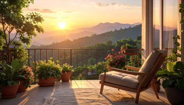 A serene balcony scene with a chair, potted plants, and a breathtaking mountain view at sunset.