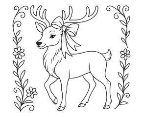 Fototapeta premium Elegant deer with large antlers and ribbon bow coloring page.