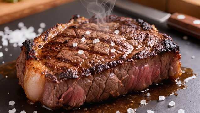 Sizzling perfectly grilled steak generously seasoned with coarse sea salt resting on a dark stone serving slab emanating appetizing steam and inviting 'All the Feels' for a gourmet culinary moment.