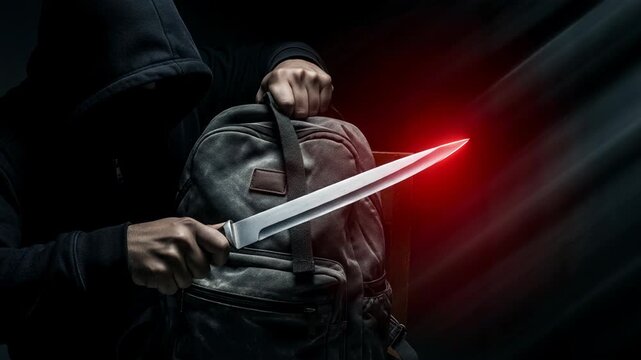 Man in hoodie holding long sharp knife near backpack. Dangerous criminal preparing for attack. Threatening scene with mysterious person in dark interior setting.