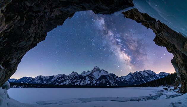 The breathtaking view of the Milky Way through a natural arch over a frozen lake with snow-capped mountains in the background at dusk.