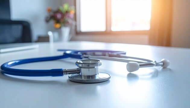 A stethoscope sits on a white table in a doctor's office near a window.