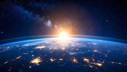 Obraz premium The sun rises over Earth from space with city lights shining brightly