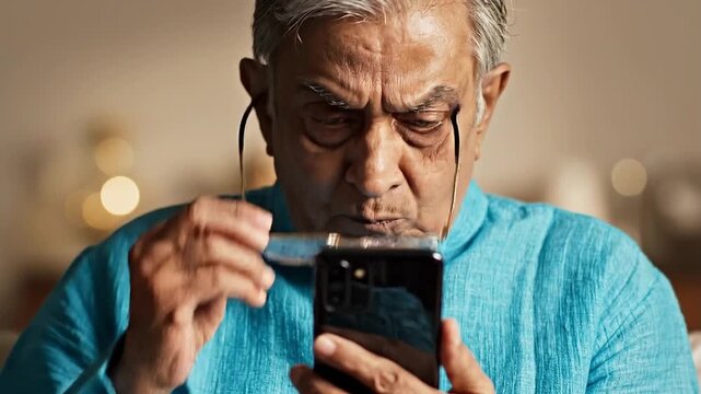 Elderly Person Looking Confused At Smartphone Screen Showing Digital Literacy Challenge